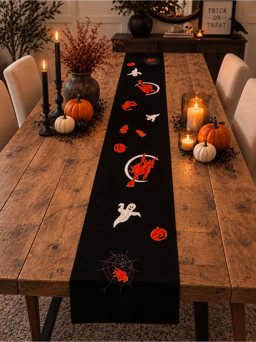 Cute Spooky Halloween Decor Table Runner ~89”x14” Black Orange White Witch Ghost